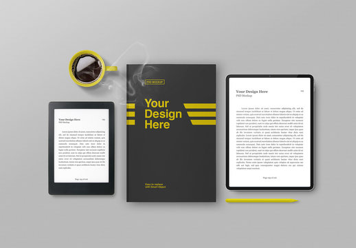 Ereader, Tablet, and Book Cover with Coffee Cup Mockup
