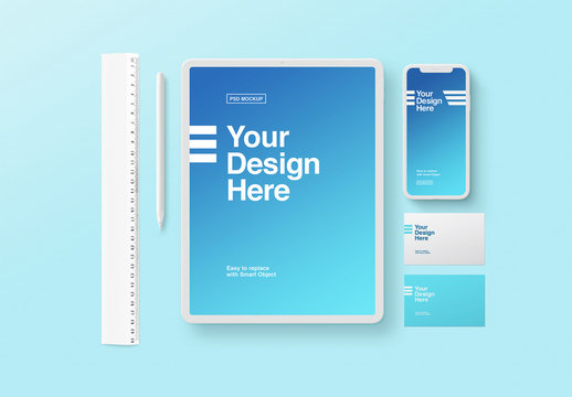 White Tablet, Phone, and Business Card Mockup on Blue Background