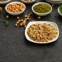 wild rice, healthy food concept (legumes, rice, micro greens and others) superfood. Food background