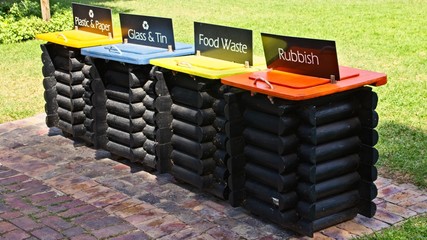Color coded recycle bins at a park in South Africa. 