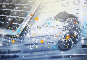 Glass globe on laptop  background close up