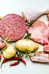 different types of raw meat: chicken thighs, pork and beef burgers, ribs and kebabs, turkey meatballs, ready to be cooked with potatoes, hot pepper, olives and black olives . Meat Food Background