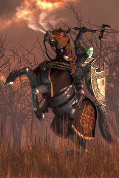 A skeleton knight rides a spectral black steed.  The death knight holds aloft it's mighty war hammer as its red eyed horse rears. The ghostly warrior looks at you with green glowing eyes. 3D Rendering