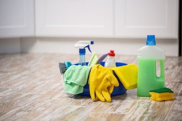 the Cleaning concept with supplies. spring cleaning