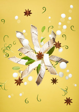 Haddock with spices against yellow background