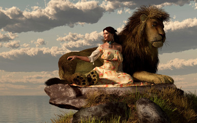 A huge lion and a pretty woman sit together on a rock overlooking the sea. The woman, a thin brunette, wears a yellow floral patterned dress and gazes at the sunrise. 3D Rendering