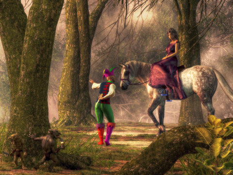 In the forest, a woman in a purple dress rides a dappled white horse. At a clearing in the woods, she meets a jester, a sinister fellow with a knife behind his back. Goblins hide nearby. 3D Rendering