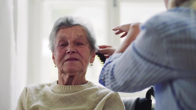 A health visitor combing hair of senior woman at home.
