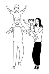 Family with kids cartoons in black and white