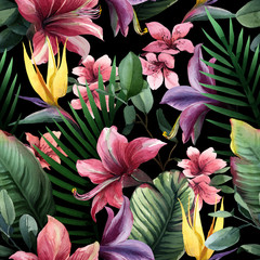 Watercolor seamless pattern of tropical flowers and leaves on dark