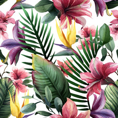 Watercolor seamless pattern of tropical flowers and leaves on white background
