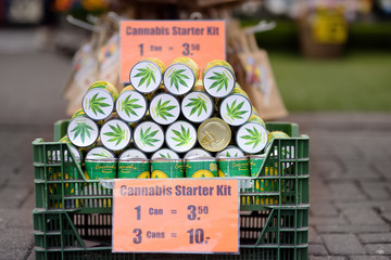 AMSTERDAM, NETHERLANDS - MARCH 19, 2019: Starter Marijuana Kits for sale on famous flower market...