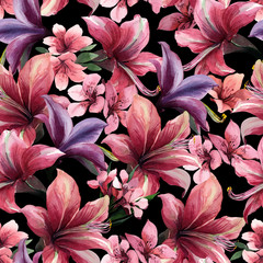 Watercolor seamless pattern of tropical red flowers on black