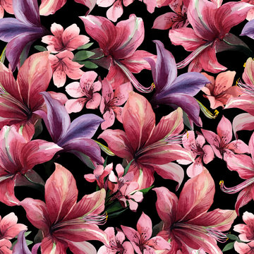 Watercolor Seamless Pattern Of Tropical Red Flowers On Black
