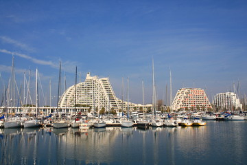 The marina of la Grande Motte in Herault, a seaside resort of the Languedoc coast and leisure centre near Montpellier in France