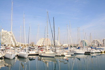 The marina of la Grande Motte in Herault, a seaside resort of the Languedoc coast and leisure centre near Montpellier in France