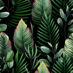 Watercolor seamless pattern of tropical green leaves and palm on black