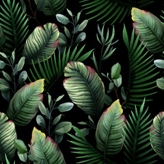 Aquarell nahtloses Muster aus tropischen grünen Blättern und Palmen auf Schwarz © Kateryna