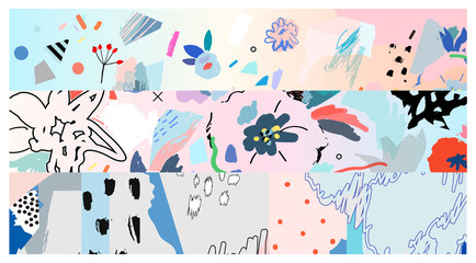Creative universal artistic floral background. Hand Drawn textures. Trendy Graphic Design for banner, poster, card, cover, invitation, placard, brochure or header.