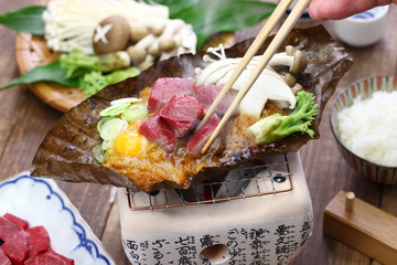 charcoal grilled Hida beef on Hoba miso, Japanese Takayama local dish