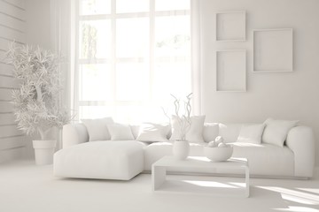 Stylish minimalist room with sofa in white color. Scandinavian interior design. 3D illustration