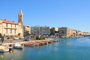 Traditional boats on the royal canal in Sete, the Venice of Languedoc and the singular island in the Mediterranean sea, Herault, Occitanie, France