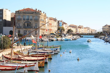 Traditional boats on the royal canal in Sete, the Venice of Languedoc and the singular island in the Mediterranean sea, Herault, Occitanie, France