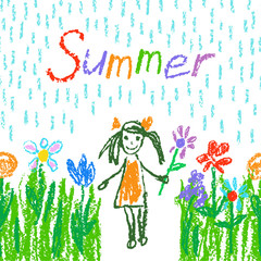 Obraz na płótnie Canvas Crayon, pencil or pastel chalk like child`s hand drawn summer girl, rain and flower. Funny kid on blossom meadow. Colorful green grass garden. Vector cartoon doodle art. Artistic stroke background