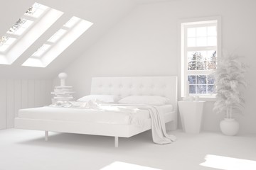 White stylish minimalist bedroom. Scandinavian interior design. 3D illustration