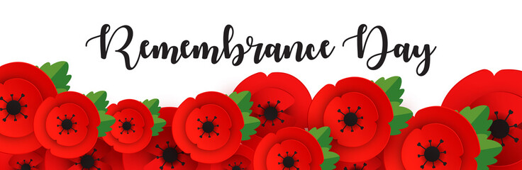 Remembrance, Anzac Day web header. Poppies flowers. Memorial banner, card.