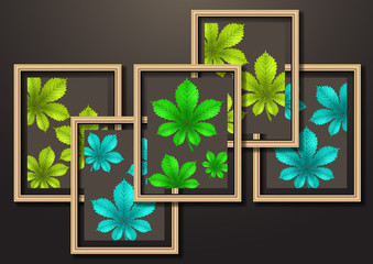 Set of hanging decorative frames for photos and images with shadow effects. Bright creative leaves of chestnut. Dark background.
