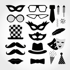 Black Icons Carnival Isolated on White Background. Vector illustration. Fun Signs and Symbols.