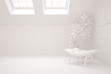 Stylish minimalist room with armchair in white color. Scandinavian interior design. 3D illustration