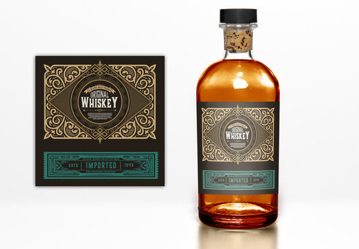 Vintage Whiskey Label Layout with Gold and Teal Elements