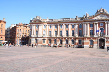 Fototapeta na wymiar The Capitole and its square in Toulouse, the heart of the pink french city. The imposing building is both the town hall and the Capitole Theatre, France