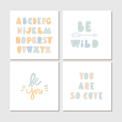 Colored Collection of cute children lettering cards with phrases and words. Perfect for nursery posters. Vector illustration - 259202351