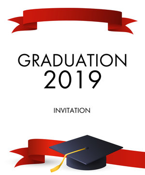 Graduation 2019 invitation design. Red ribbons and graduation cap with gold tassel. Illustration can be used for banners, posters, commencement ceremony