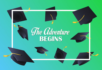 The Adventure Begins festive banner design. Text in frame and flying graduation hats on blue and green background. Illustration can be used for posters, banners, commencement ceremony