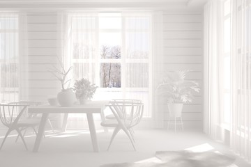 White stylish minimalist kitchen. Scandinavian interior design. 3D illustration