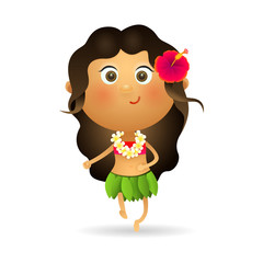 Smiling Hawaiian girl dancing. Hawaiian woman in leaves skirt and flower lei. Can be used for topics like island, vacation, summer