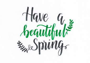 Have a beautiful Spring - hand lettering inscription in green and black with leaves