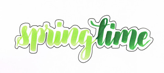 Springtime - hand lettering inscription in green with black outline