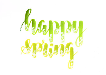 Happy spring - hand lettering in green colors with white gel pen flowers