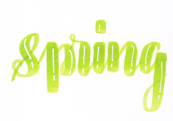 Spring - hand lettering inscription in green with white gel pen lines