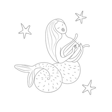 Singing mermaid with harp. Vector black outline illustration.