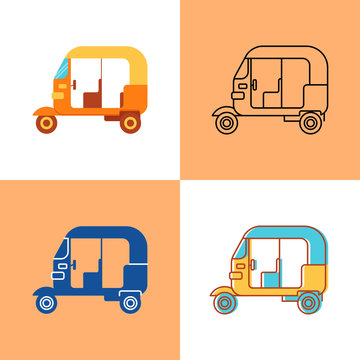 Indian Auto Rickshaw Icon Set In Flat And Line Style