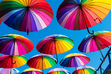 Fototapeta na wymiar Many colorful umbrellas. Rainbow gay pride protection