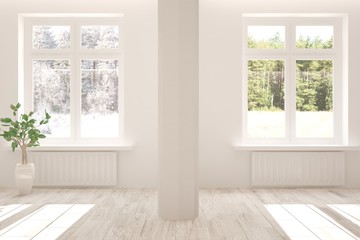 Fototapeta na wymiar Mock up of white minimalist empty room with winter and summer landscape in window. Scandinavian interior design. 3D illustration