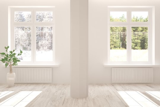 Mock up of white minimalist empty room with winter and summer landscape in window. Scandinavian interior design. 3D illustration