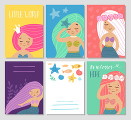Bright cards with mermaids and marine world. Vector illustration. Template the sea elements.